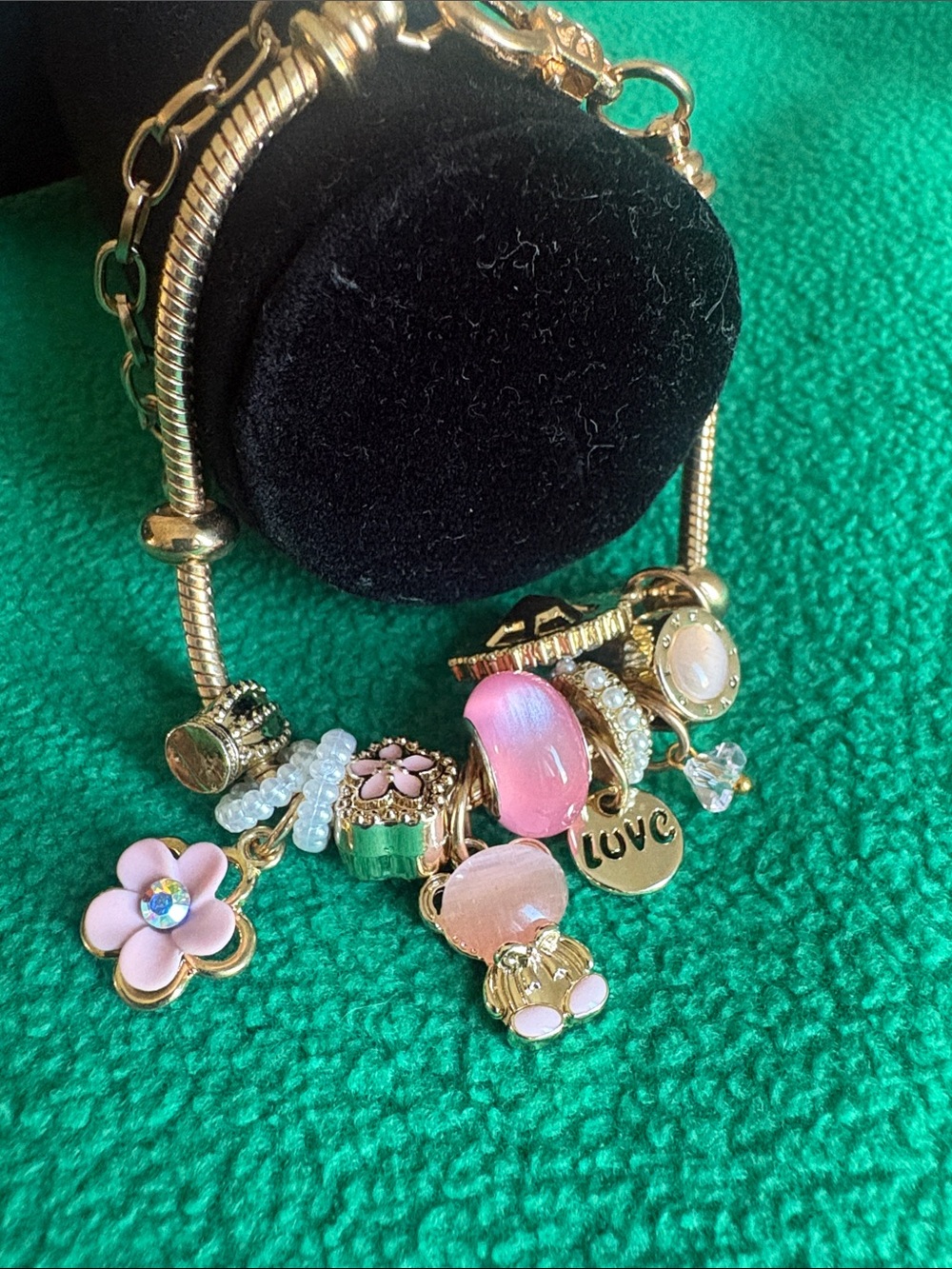Gold-Tone Pink Charm Bracelet with Floral and Love Charms